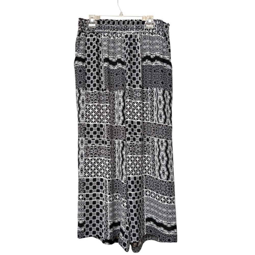 ROSE + OLIVE Black White Print Wide Leg Pants Size XL Elastic Waist Soft BOHO